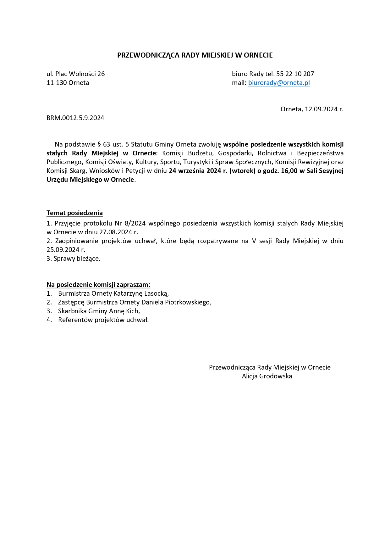 Wspólne posiedzenie wszystkich komisji stałych Rady Miejskiej w Ornecie