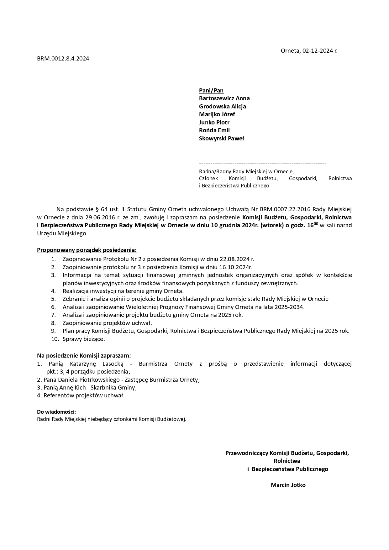 Komisja Budżetu, Gospodarki, Rolnictwa i Bezpieczeństwa Publicznego Rady Miejskiej w Ornecie 